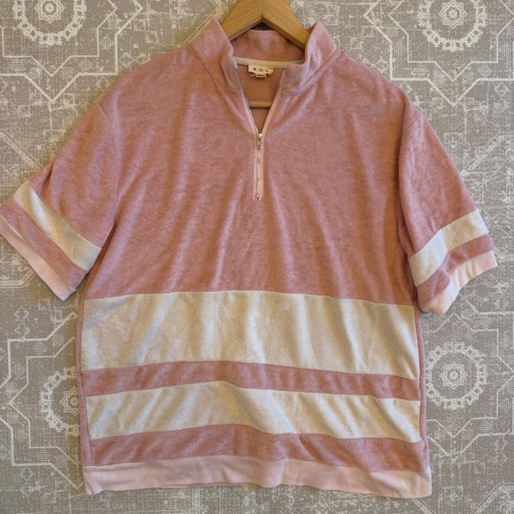 POL Clothing Tops - POL Pink Cream Striped Terry Cloth Quarter Zip Short‎ Sleeve Top S/M